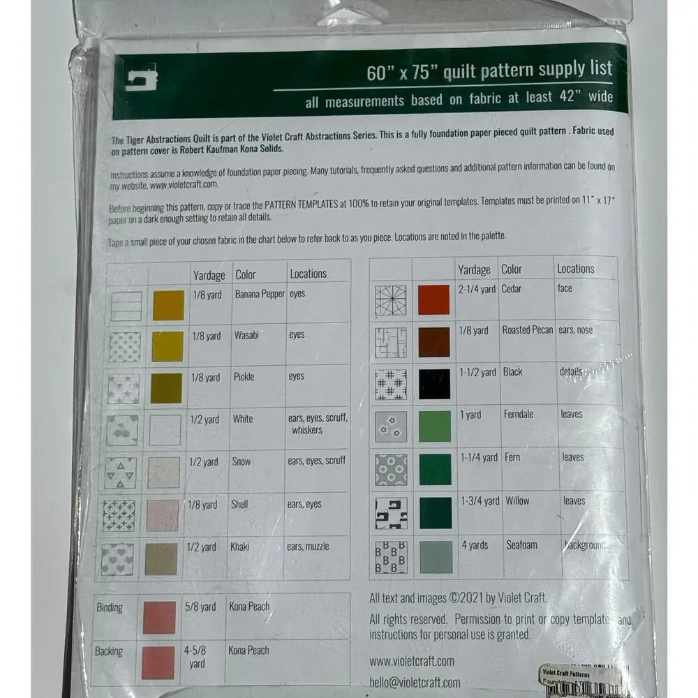 The Tiger Abstractions Quilt Kit By Violet Craft Quilt Kit open bag but not used
